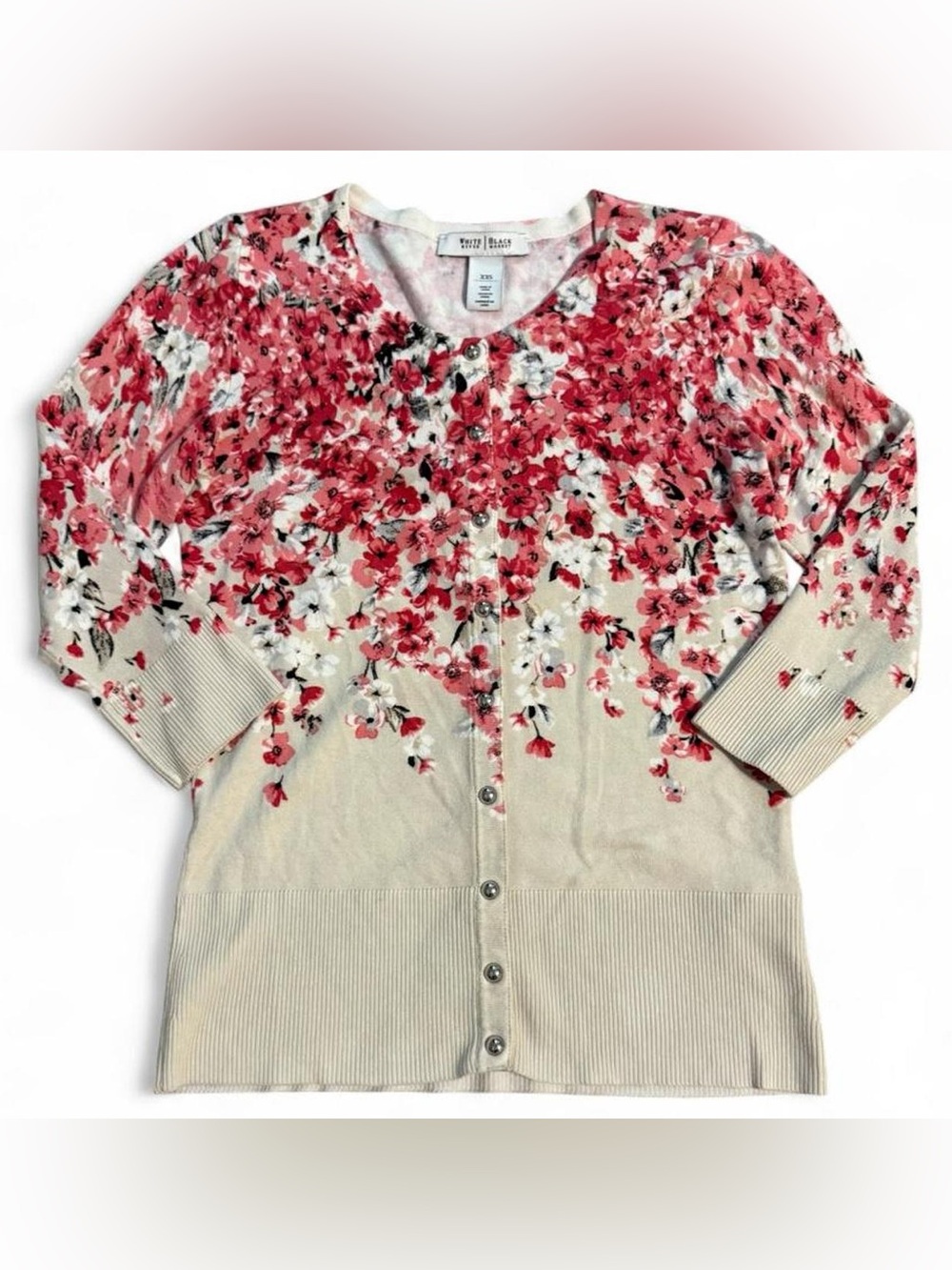 White House Black Market Cream Floral Quarter Sleeve Cardigan Sweater